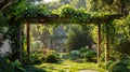Home garden and beautiful arbor overgrown with green plants at house backyard, landscaping back yard in summer. Concept of pergola Royalty Free Stock Photo