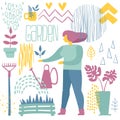 Home garden. Cute vector illustration of a woman planting potted flowers. Freehand drawing for a poster, banner or card