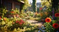 home garden full of flowers. Gardening. Ai Generative