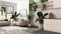 Home garden love. Kitchen and living room interior design in white and dark tones. Parquet, sofa and many house plants. Urban Royalty Free Stock Photo