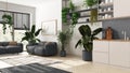 Home garden love. Kitchen and living room interior design in white and gray tones. Parquet, sofa and many house plants. Urban Royalty Free Stock Photo