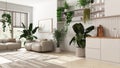 Home garden love. Kitchen and living room interior design in white tones. Parquet, sofa and many house plants. Urban jungle, Royalty Free Stock Photo