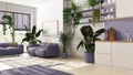 Home garden love. Kitchen and living room interior design in white and violet tones. Parquet, sofa and many house plants. Urban Royalty Free Stock Photo