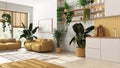 Home garden love. Kitchen and living room interior design in white and yellow tones. Parquet, sofa and many house plants. Urban Royalty Free Stock Photo