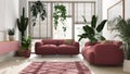 Home garden love. Minimalist contemporary living room interior design in white and red tones. Parquet, sofa and many house plants Royalty Free Stock Photo