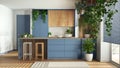 Home garden love. Wooden kitchen with island and stools interior design in white and blue tones. Parquet, carpet and many house Royalty Free Stock Photo