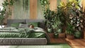 Home garden, minimal bedroom in green and wooden tones. Close-up, bed, parquet floor and many houseplants. Urban jungle interior Royalty Free Stock Photo