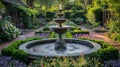 home garden retreat, a peaceful garden oasis featuring a bubbling fountain surrounded by beautiful flower beds and well Royalty Free Stock Photo