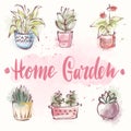 Digital watercolor card with home plants and lettering home garden
