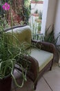 Cozy outdoor nook with potted plants, flowers, wicker chair