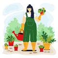 Home gardening character. Asian smiling young girl holding flower pot. Happy gardener woman with watering can among Royalty Free Stock Photo