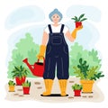 Home gardening character. Elderly woman holding flower pot. Happy gardener with watering can among potted plants. Flat