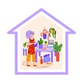Home gardening in quarantine - cartoon woman watering house plants