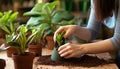 Home gardening Woman cares for sansevieria, transplanting into new pot