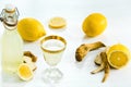 Home ginger tincture in a glass and fresh lemons on the white wooden background