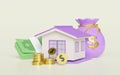 home with gold coins pile, banknote stack, money bag isolated. saving money to buy a house concept, 3d illustration render Royalty Free Stock Photo