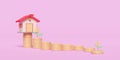 Home with gold coins pile, tree isolated on pink pastel background. saving money to buy a house concept, 3d illustration or 3d Royalty Free Stock Photo