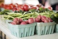 Farmer`s Market Home grown potatoes and beans  in baskets Royalty Free Stock Photo