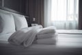 luxury fresh room service white resort towel bed home hotel. Generative AI.