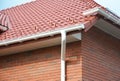 Home Guttering, Roofing Construction, Gutters, Plastic Guttering System, Roof Tiles, Guttering & Drainage Pipe House Building. Royalty Free Stock Photo