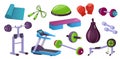 Home gym fitness equipment, sport training workout machines. Gymnastic ball, dumbbells, yoga mat. Healthy lifestyle