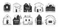 Home hand drawn logo. Doodle village barn and countryside cottage with garden. Real estate sketch emblems for rental