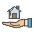 Home in hand filled outline icon, business finance