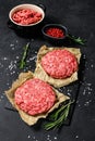 Home HandMade Raw Minced Beef steak burgers. Farm organic meat. Black background. Top view Royalty Free Stock Photo