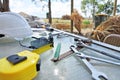 Home handyman tools on table ready to build outdoor project task Royalty Free Stock Photo