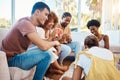 Home, happy people or friends playing cards, poker or gambling in black jack to relax together in a party. Smile, men or Royalty Free Stock Photo