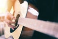 Home hobbies concept, Man hands playing acoustic guitar, close up guitar player Musical instrument for recreation or hobby passion Royalty Free Stock Photo