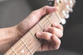 Home hobbies concept, Man hands playing acoustic guitar, close up guitar player Musical instrument for recreation or hobby passion Royalty Free Stock Photo