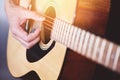 Home hobbies concept, Man hands playing acoustic guitar, close up guitar player Musical instrument for recreation or hobby passion Royalty Free Stock Photo