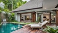 home or house building Exterior and interior design showing tropical pool villa with green garden and bedroom Royalty Free Stock Photo