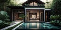 Home or house building Exterior and interior design showing tropical pool villa with green garden and bedroom. Generative AI Royalty Free Stock Photo