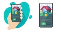 Home house security smart phone phone mobile app vector flat or apartment automation control lock telemetry surveillance