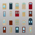 Isolated wood or wooden facade exterior doors icons