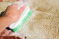 Home hygiene. Close-up of housewife's hand washes wet carpet, cleaning rug with brush and detergent foam Royalty Free Stock Photo