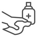 Home hygiene line icon. Disinfection with antiseptic alcohol tissue outline style pictogram on white background