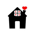 Home icon. House with heart and inscription love. Real estate. Vector clipart and drawing. Black, red and white illustration. Royalty Free Stock Photo