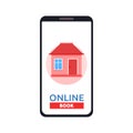 Home icon on smartphone screen. Rent apartments, book homes app. Modern concept for web banner, web sites, infographics Royalty Free Stock Photo