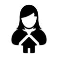 Home icon vector with person profile avatar user female symbol in a flat color glyph pictogram