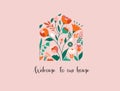 Home illustration with flowers pattern. Home sweet home, family sign, wall print or card