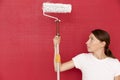 Home improvement. Beautiful woman painting wall with paint roller. Royalty Free Stock Photo