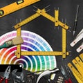 Home Improvement Concept - Work Tools and House Royalty Free Stock Photo