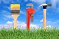 Home Improvement Tools Paintbrush, Pipe Wrench Royalty Free Stock Photo