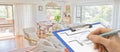 Home improvements renovation banner with architect and plan in lounge