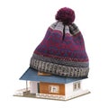 Home insulation or insurance concept. hat on house roof isolated