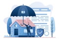 Home insurance concept. Businessman hold umbrella, modern cottage and paper agreement. Warranty and shield symbol Royalty Free Stock Photo