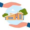 Home insurance concept. Hands protecting house from danger. Real estate insurance. Advertising of insurance services. Vector Royalty Free Stock Photo